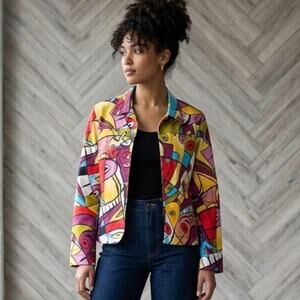 VTG 90 Mirror Image Abstract Art to Wear Jacket Women's L Picasso Maximalist EUC